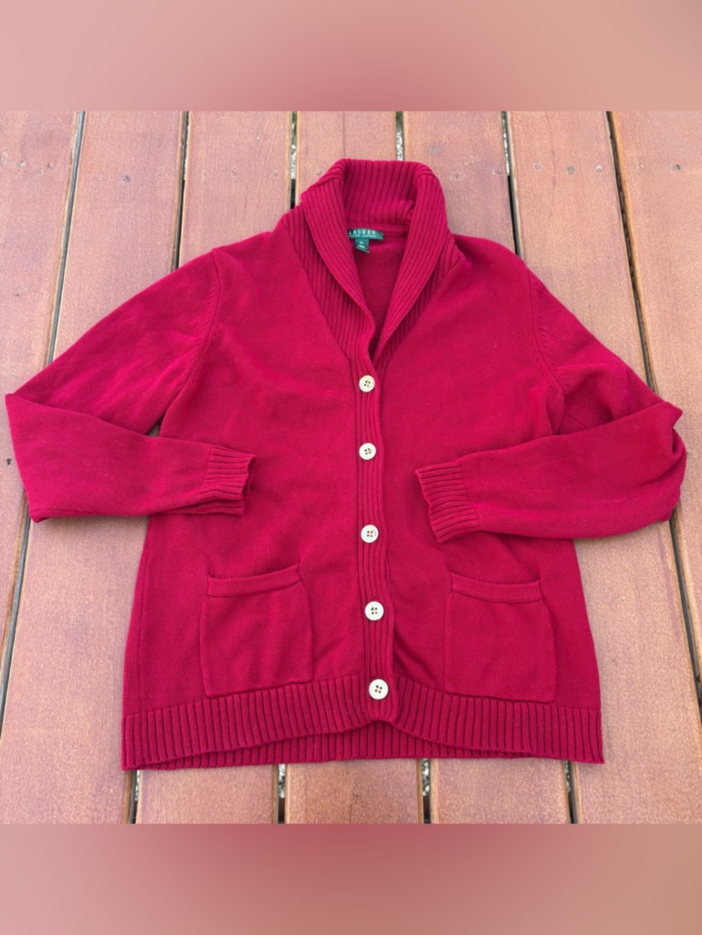 Lauren Ralph Lauren Red Shawl Collar Button Cardigan